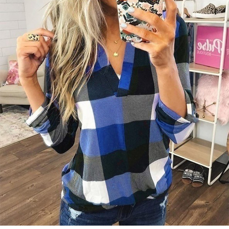 Women's Casual Cotton Long Sleeve Plaid Shirt Ladies Slim Blouse Tops Plus Size XS-5XL