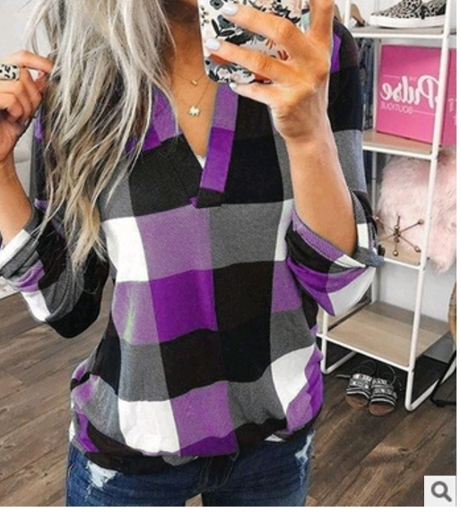 Women's Casual Cotton Long Sleeve Plaid Shirt Ladies Slim Blouse Tops Plus Size XS-5XL