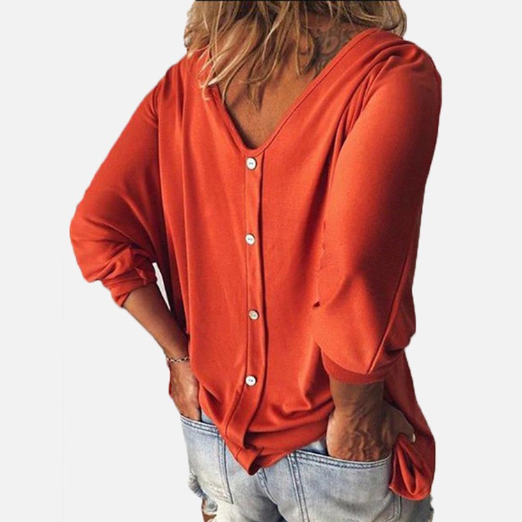 2019 New Arrival Batwing Sleeve Women T-shirts Loose Solid Long Sleeve Tee Shirt V Neck Back