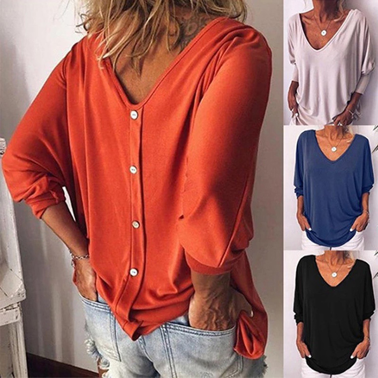 2019 New Arrival Batwing Sleeve Women T-shirts Loose Solid Long Sleeve Tee Shirt V Neck Back