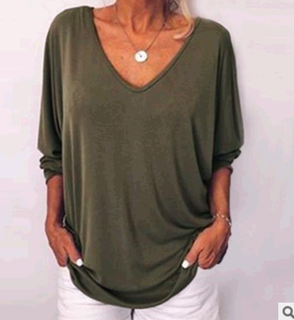 2019 New Arrival Batwing Sleeve Women T-shirts Loose Solid Long Sleeve Tee Shirt V Neck Back