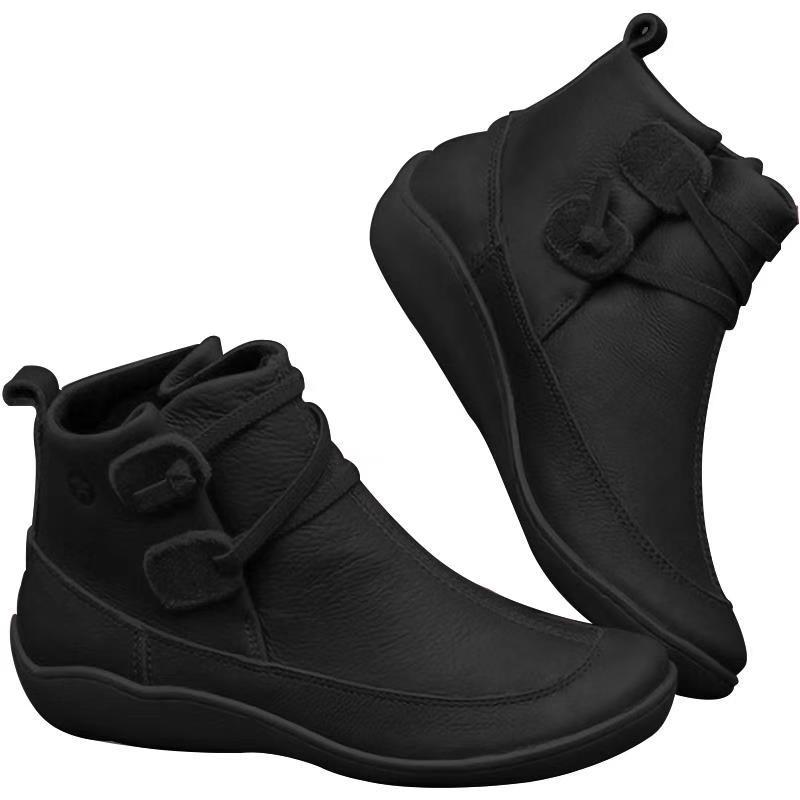 Women&apos;s Medieval Vintage Leather Boots Braided Strap Flat Heel Boots Waterproof Slip on Shoes