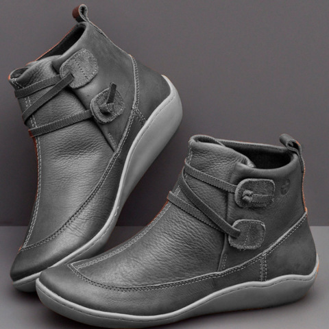 Women&apos;s Medieval Vintage Leather Boots Braided Strap Flat Heel Boots Waterproof Slip on Shoes