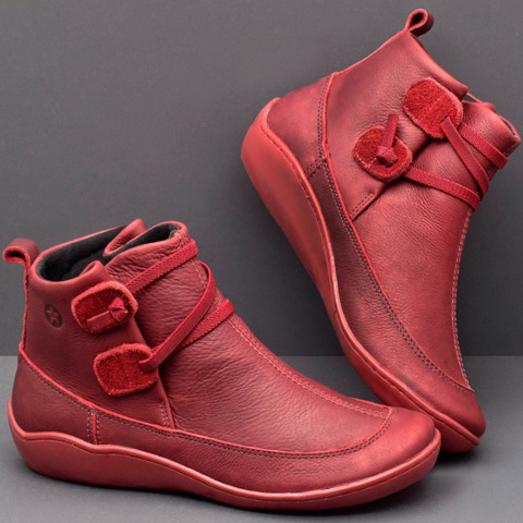 Women&apos;s Medieval Vintage Leather Boots Braided Strap Flat Heel Boots Waterproof Slip on Shoes