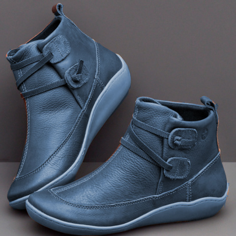 Women&apos;s Medieval Vintage Leather Boots Braided Strap Flat Heel Boots Waterproof Slip on Shoes