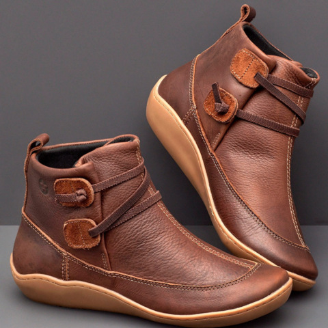 Women&apos;s Medieval Vintage Leather Boots Braided Strap Flat Heel Boots Waterproof Slip on Shoes