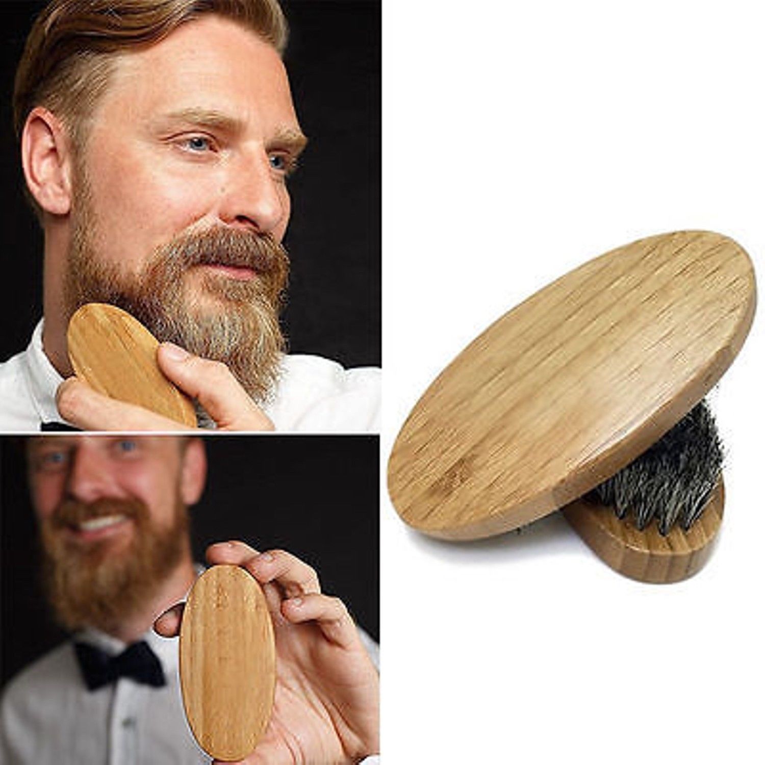 Men Boar Hair Bristle Beard Mustache Brush Palm Soft Round Wood Handle