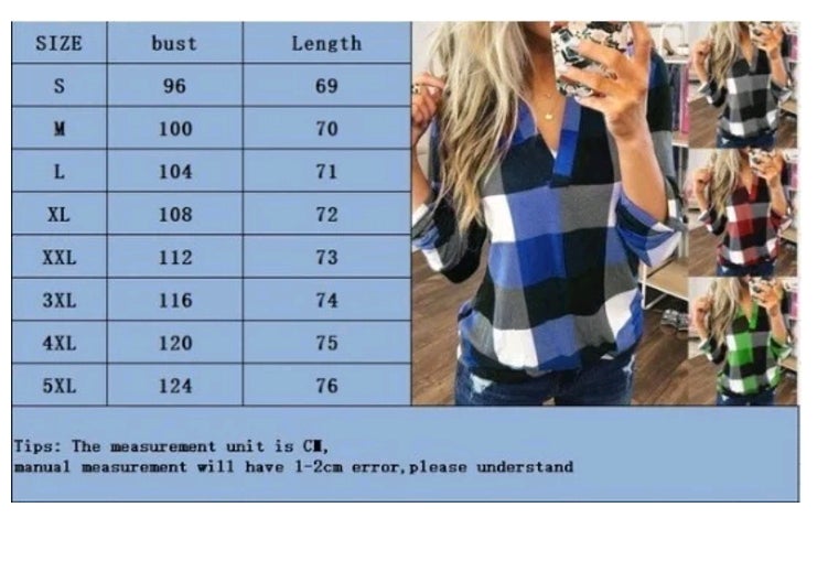 Women&apos;s Casual Cotton Long Sleeve Plaid Shirt Ladies Slim Blouse Tops Plus Size XS-5XL