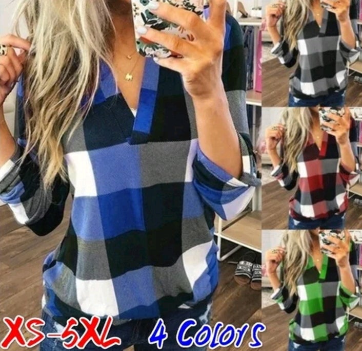 Women&apos;s Casual Cotton Long Sleeve Plaid Shirt Ladies Slim Blouse Tops Plus Size XS-5XL