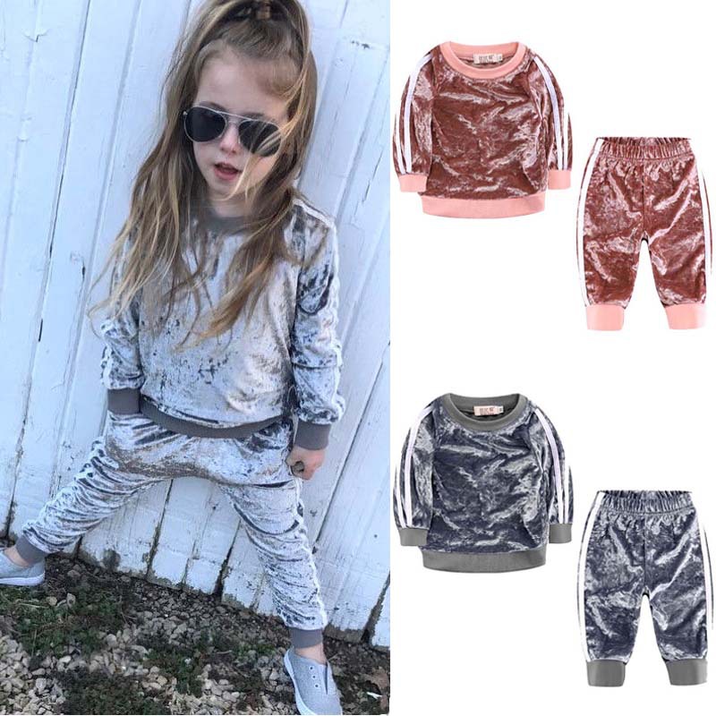Toddler Kids Baby Girl Velvet Top Sweater Pants Outfits Clothes Tracksuit two piece set