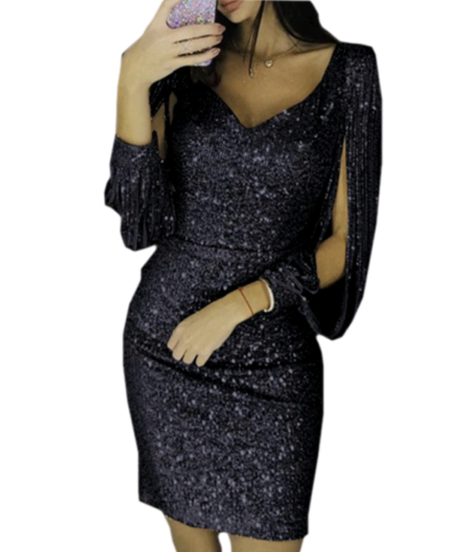 women party night deep v neck Elegant Women&apos;s sheath slim Dress Tassel luxury dinner mini dress