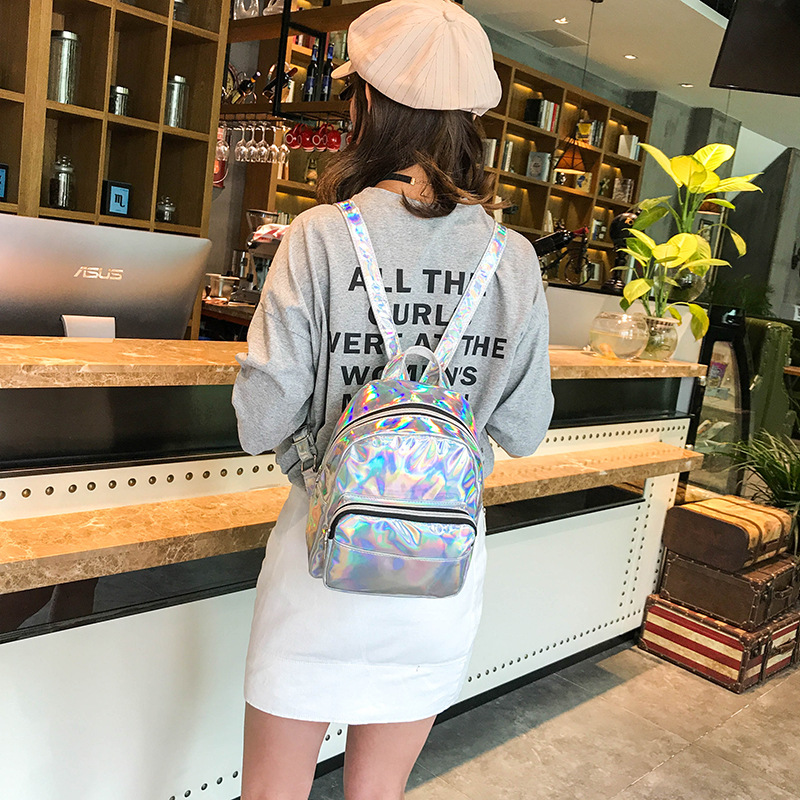 Women Holographic Hologram Metallic Color Backpack School Shoulder Bag