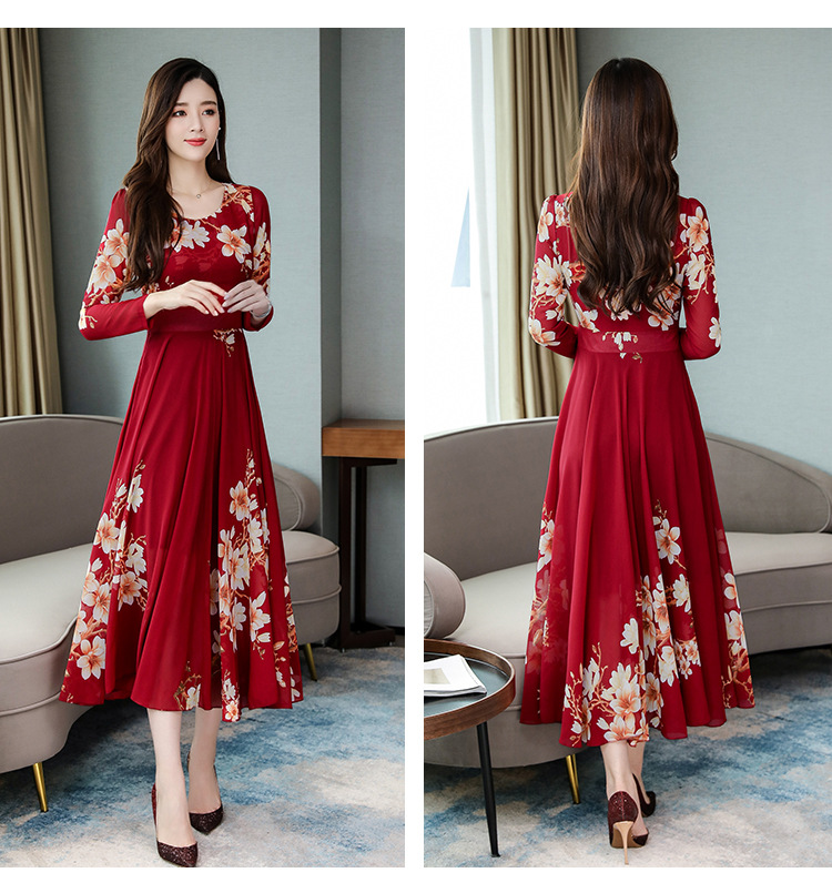 Women Fashion Elegant A-line Maxi Dress Print Long Sleeve Plus Size Casual Print Dresses