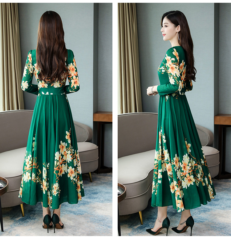 Women Fashion Elegant A-line Maxi Dress Print Long Sleeve Plus Size Casual Print Dresses