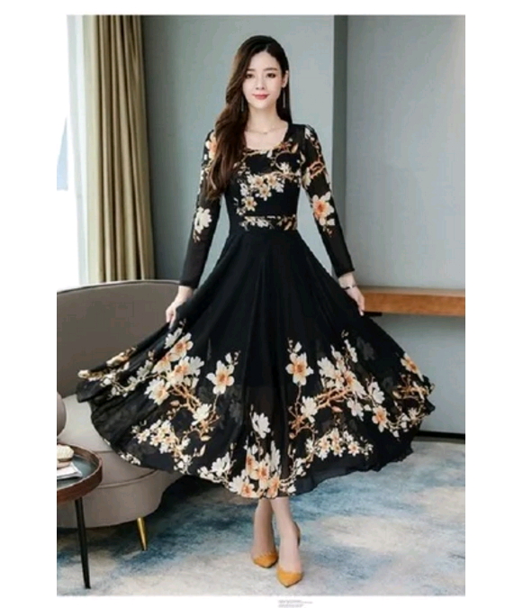 Women Fashion Elegant A-line Maxi Dress Print Long Sleeve Plus Size Casual Print Dresses