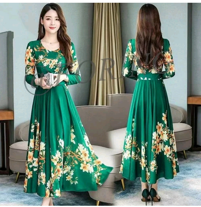 Women Fashion Elegant A-line Maxi Dress Print Long Sleeve Plus Size Casual Print Dresses