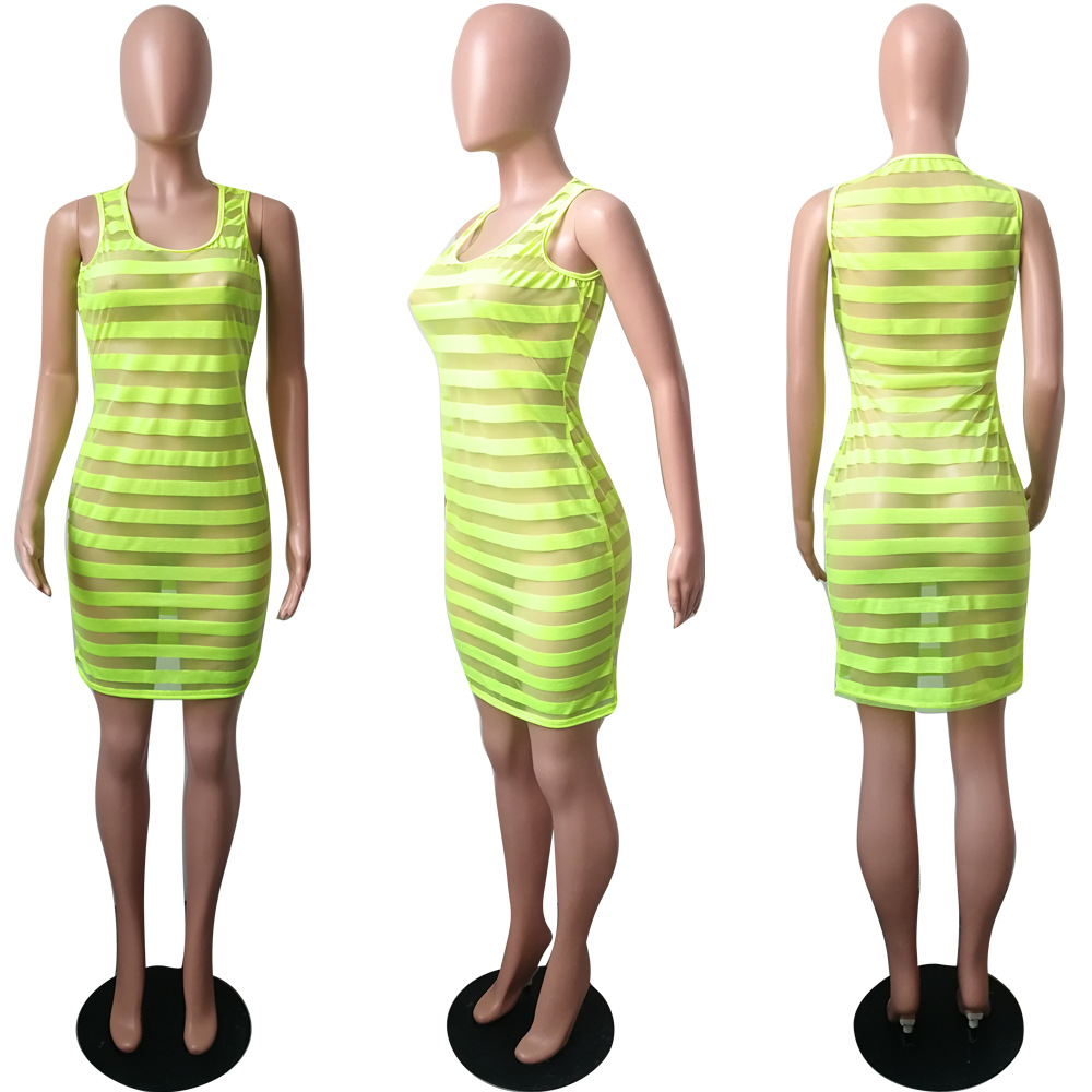 Fashion Womens Sexy Perspective Neon Green Sleeveless Clubwear Party Dress