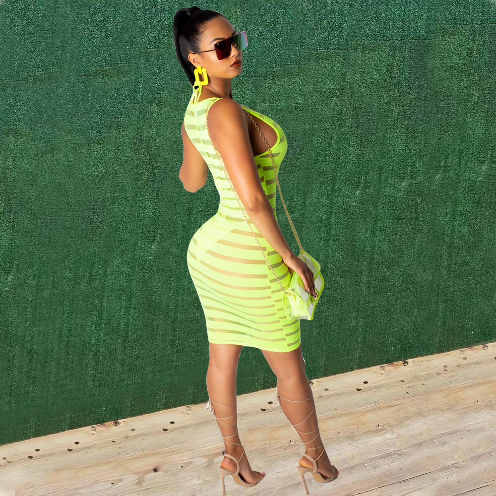 Fashion Womens Sexy Perspective Neon Green Sleeveless Clubwear Party Dress