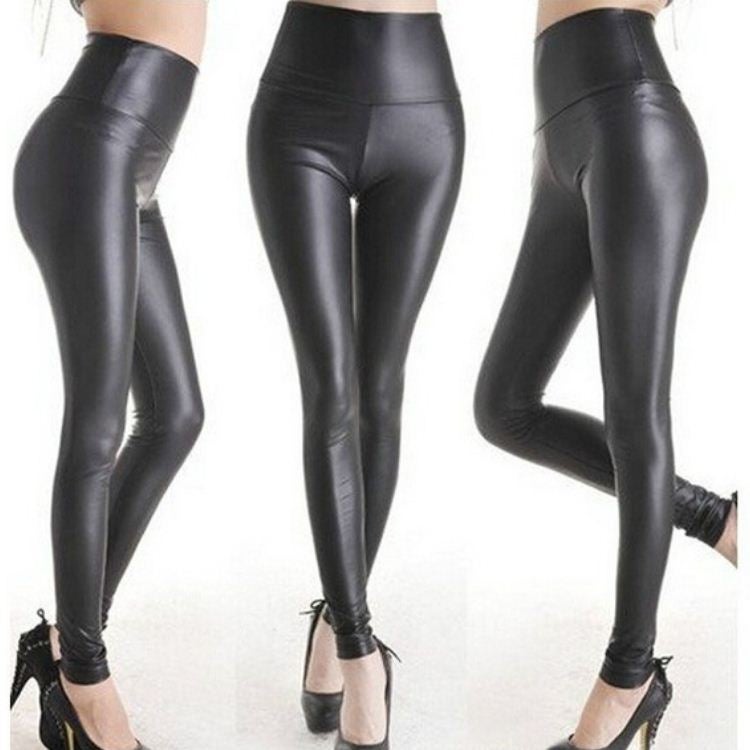 Women Matt look high waist Stretch faux leather Slim pants leggings