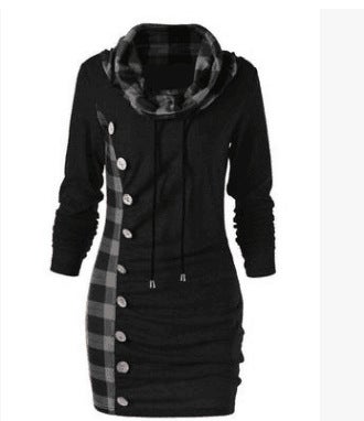 Women Plaid panel drawstring button casual high collar sweater blouse coat