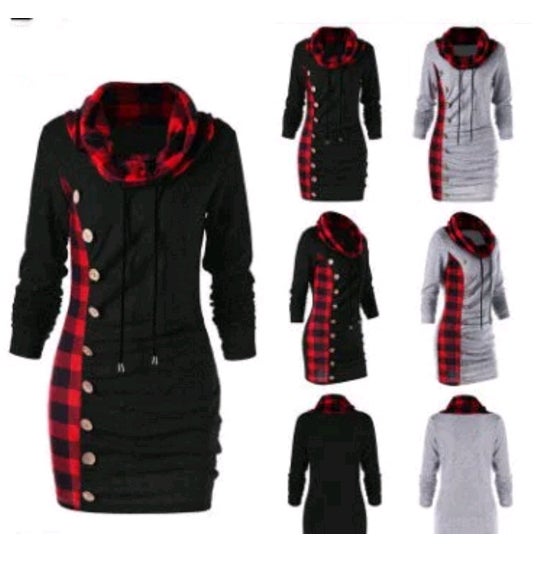 Women Plaid panel drawstring button casual high collar sweater blouse coat