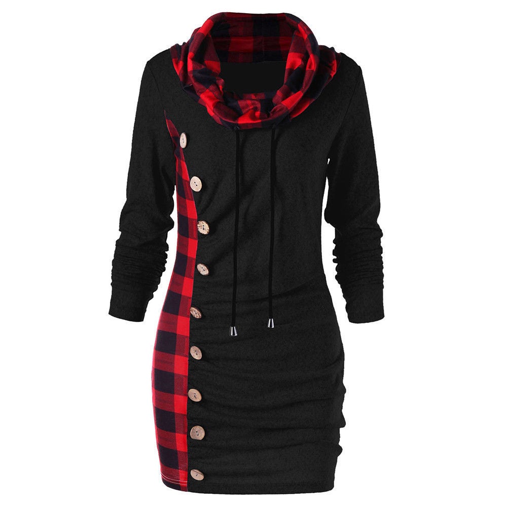 Women Plaid panel drawstring button casual high collar sweater blouse coat