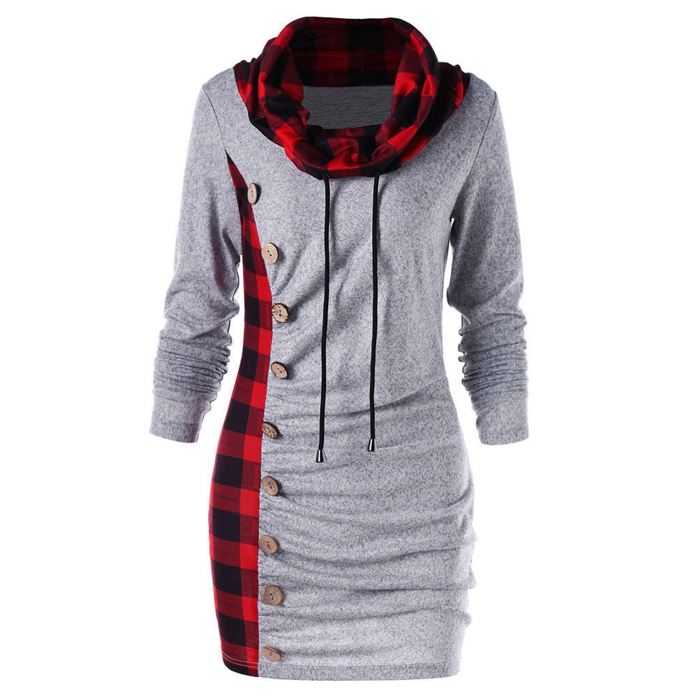 Women Plaid panel drawstring button casual high collar sweater blouse coat
