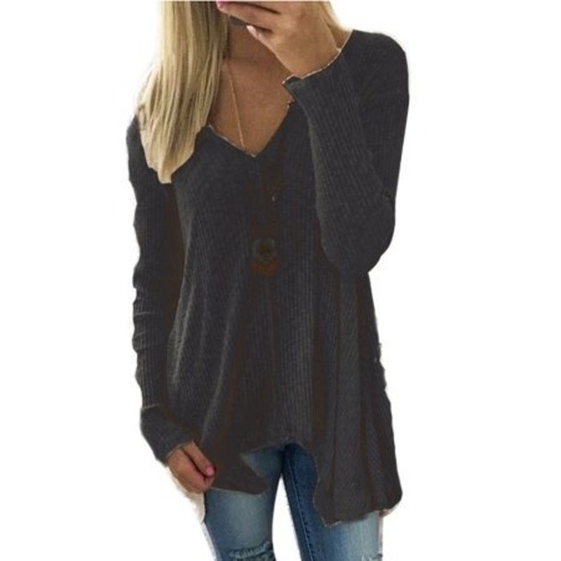 Women Long Sleeve Solid Color Pullover V Collar Irregular Tops Sweater