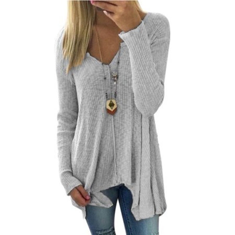 Women Long Sleeve Solid Color Pullover V Collar Irregular Tops Sweater