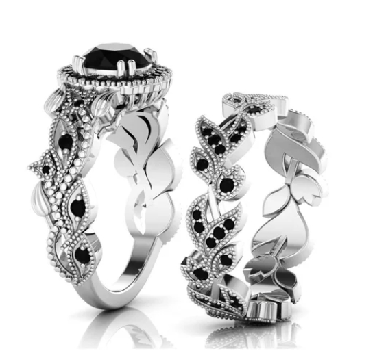 2pcs/Set Black Crystal Engagement Ring Leaf Rings Wedding Rings Couple Rings Anniversary Gifts Party