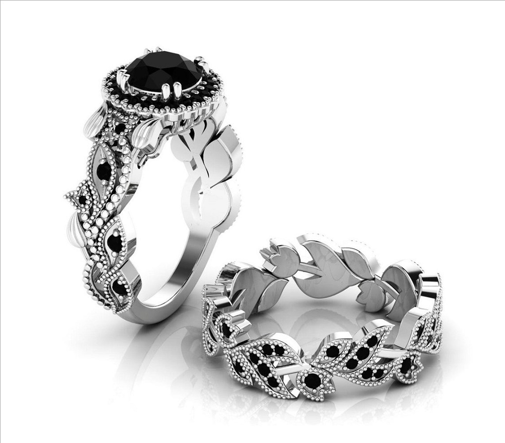 2pcs/Set Black Crystal Engagement Ring Leaf Rings Wedding Rings Couple Rings Anniversary Gifts Party