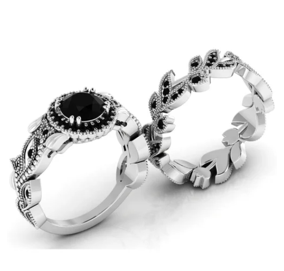 2pcs/Set Black Crystal Engagement Ring Leaf Rings Wedding Rings Couple Rings Anniversary Gifts Party