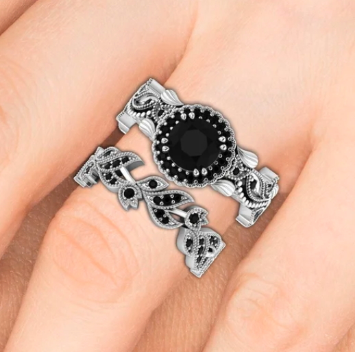 2pcs/Set Black Crystal Engagement Ring Leaf Rings Wedding Rings Couple Rings Anniversary Gifts Party