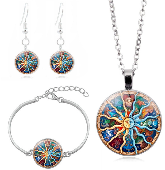 Sun Moon Constellation Metal Necklace Bracelet Earrings Jewelry Set