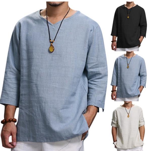 Men Loose Shirts Chinese Tradition Style V-Neck Breathable Cotton Linen Casual Shirts Male Tops