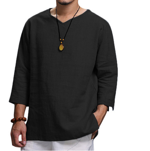 Men Loose Shirts Chinese Tradition Style V-Neck Breathable Cotton Linen Casual Shirts Male Tops