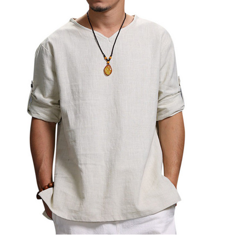 Men Loose Shirts Chinese Tradition Style V-Neck Breathable Cotton Linen Casual Shirts Male Tops