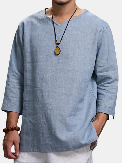 Men Loose Shirts Chinese Tradition Style V-Neck Breathable Cotton Linen Casual Shirts Male Tops