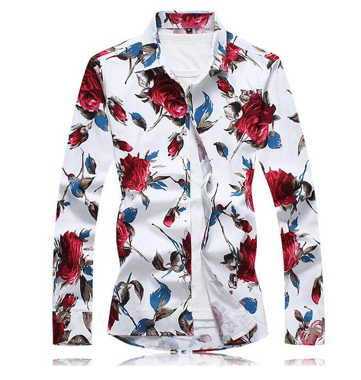 Men &apos;s Fashion Autumn New Large Size Cotton Satin Flower Shirt