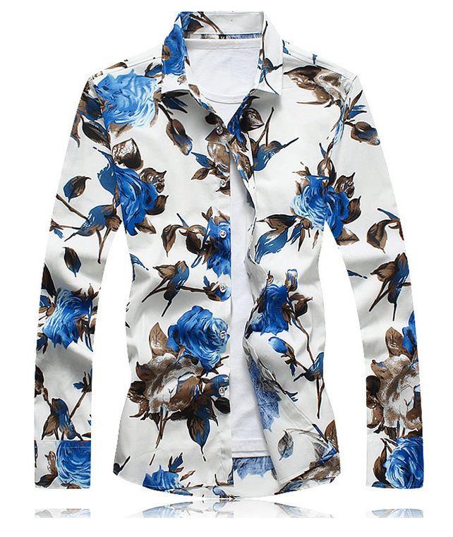 Men &apos;s Fashion Autumn New Large Size Cotton Satin Flower Shirt