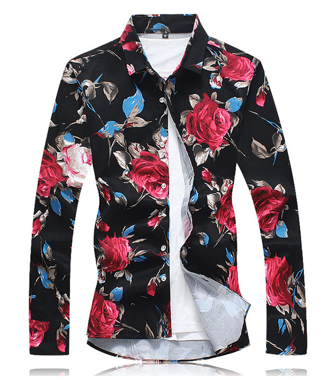 Men &apos;s Fashion Autumn New Large Size Cotton Satin Flower Shirt