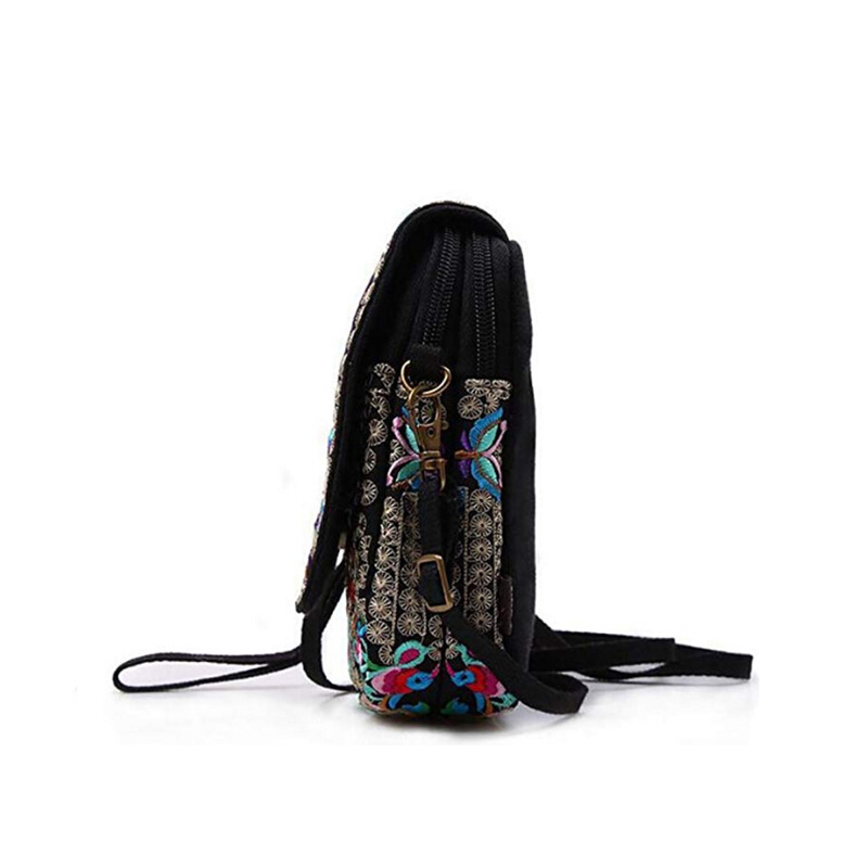 Lady ethnic style embroidery flower pattern retro print shoulder bag