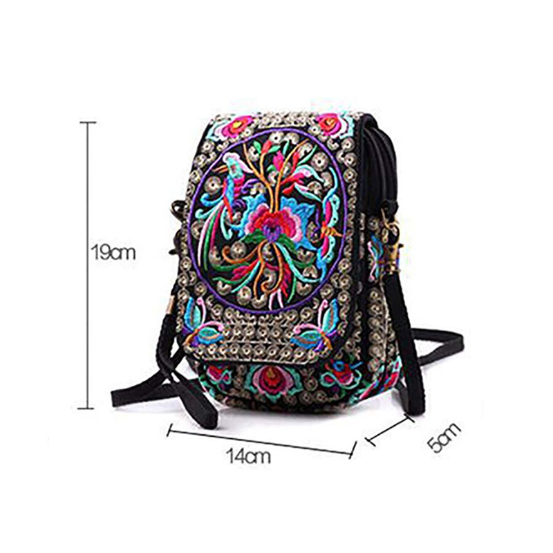 Lady ethnic style embroidery flower pattern retro print shoulder bag