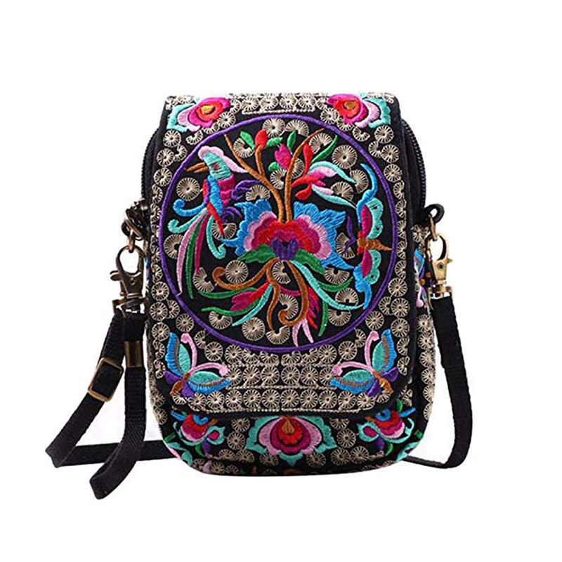 Lady ethnic style embroidery flower pattern retro print shoulder bag