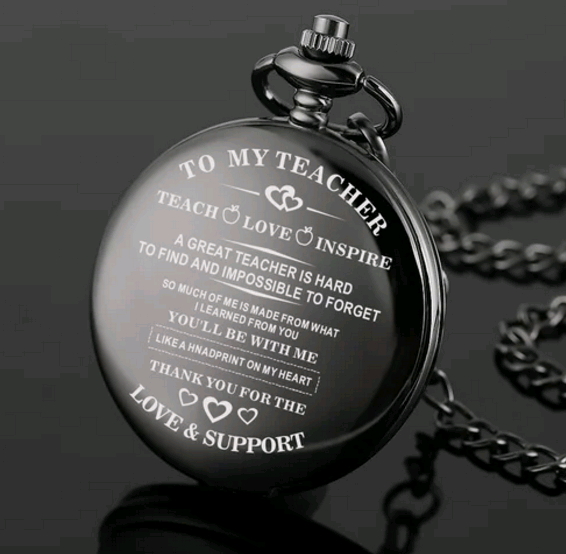 TO MY Teacher Carving Quartz Pocket Watch, Memory Black Pendant