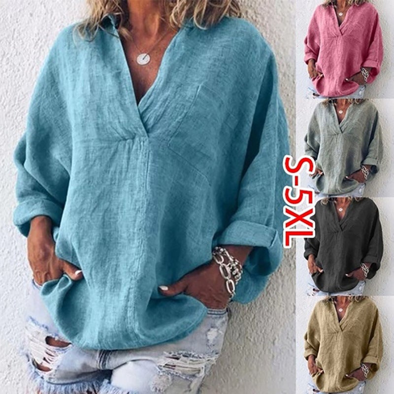 Spring Solid Long Sleeve V Neck Blouses Shirt
