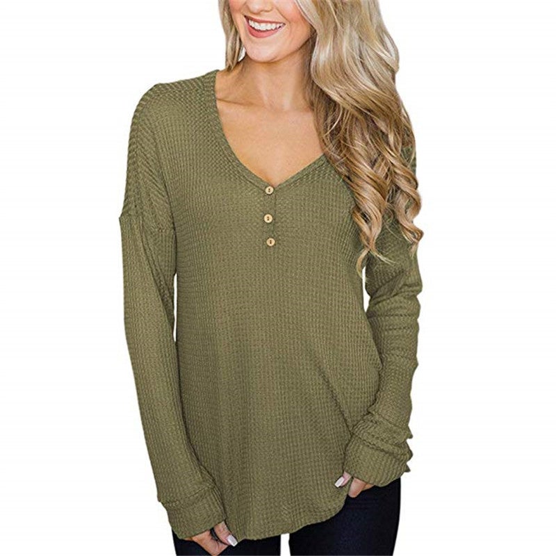spring button loose waffle long sleeved t shirt top