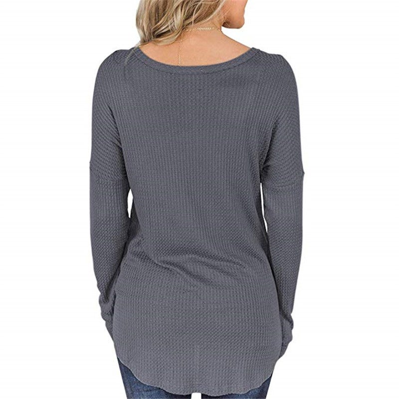 spring button loose waffle long sleeved t shirt top