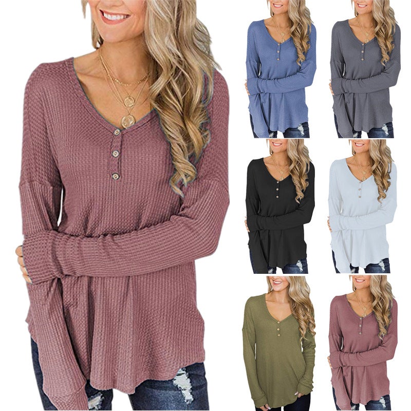 spring button loose waffle long sleeved t shirt top