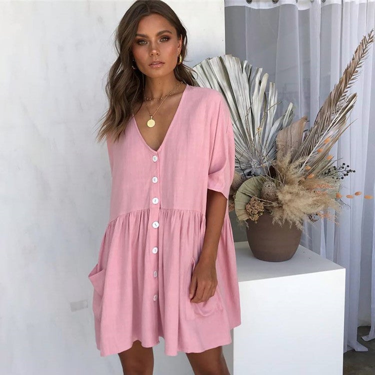 Button Down Summer Shift Dress with Pockets